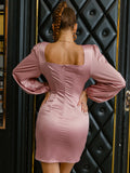 Deep V Bubble Sleeve Satin Mini Dress