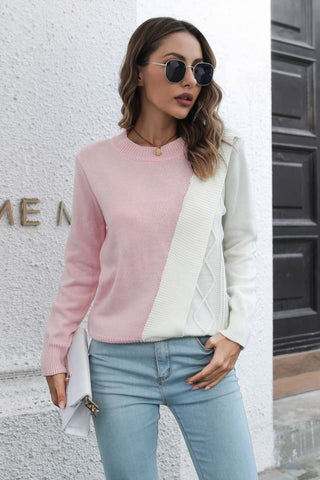Contrast Color Round Neck Long Sleeve Sweater