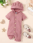 Baby Textured Button Front Hooded Jumpsuit with Ears