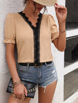 Contrast V-Neck Flounce Sleeve Blouse