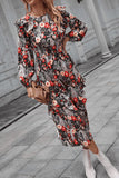 Floral Round Neck Long Sleeve Midi Dress