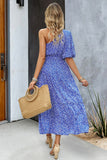 Printed One-Shoulder Tie Belt Maxi Dress