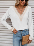 Contrast V-Neck Eyelet Long Sleeve Top