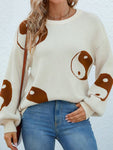 Tai Chi Print Lantern Sleeve Round Neck Sweater