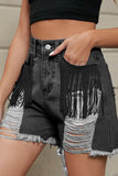 Fringe Trim Distressed Denim Shorts with Pockets