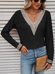 Contrast V-Neck Eyelet Long Sleeve Top
