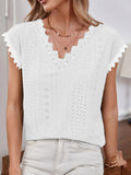 V-Neck Eyelet Short Sleeve Top