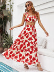 Floral Tie Shoulder Top and Tiered Maxi Skirt Set