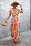 Floral Buttoned Drawstring Waist Tiered Flutter Sleeves Midi Dress