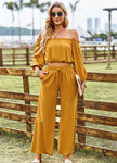 Off-Shoulder Blouse and Drawstring Waist Pants Set