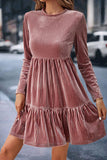 Ribbed Round Neck Ruffle Hem Mini Dress