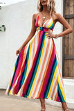 Multicolored Stripe Crisscross Backless Dress