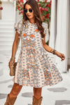 Printed Round Neck Flutter Sleeve Dress