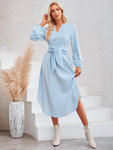 Striped Notched Neck Curved Hem Long Sleeve Dress