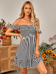 Striped Smocked Ruffle-Shoulder Sleeveless Dress
