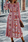 Smocked Round Neck Lantern Sleeve Midi Dress