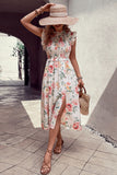 Floral Smocked Butterfly Sleeve Slit Dress