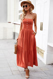 Strapless Buttoned Tiered Dress with Pockets