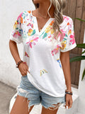 Floral Print Notched Neck Short Sleeve Tee