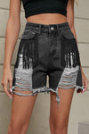 Fringe Trim Distressed Denim Shorts with Pockets