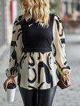 Two-Tone Long Puff Sleeve Blouse