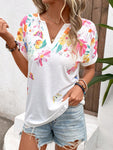 Floral Print Notched Neck Short Sleeve Tee