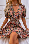 Floral Puff Sleeve Tie Back Dress