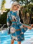 Printed Tie Belt Slit Flare Sleeve Dress