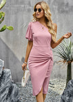 Twist Front One-Shoulder Puff Sleeve Dress