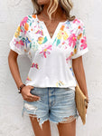 Floral Print Notched Neck Short Sleeve Tee