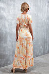 Floral Buttoned Drawstring Waist Tiered Flutter Sleeves Midi Dress