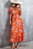 Floral Buttoned Drawstring Waist Tiered Flutter Sleeves Midi Dress