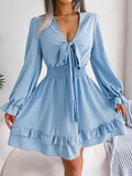 Tie Front Smocked Waist Flounce Sleeve Dress