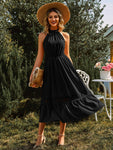 Grecian Neck Spliced Lace Midi Dress