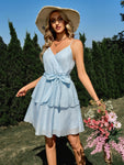 Tie Belt Surplice Spaghetti Strap Layered Dress