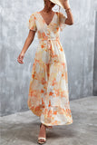 Floral Buttoned Drawstring Waist Tiered Flutter Sleeves Midi Dress