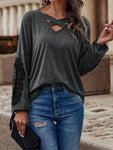 Crisscross V-Neck Lace Detail T-Shirt