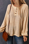 Quarter Button Round Neck Balloon Sleeve Blouse