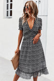 Leopard Frill Trim V-Neck Flounce Sleeve Dress