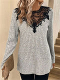 Lace Detail Ribbed Long Sleeve Knit Top