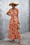 Floral Buttoned Drawstring Waist Tiered Flutter Sleeves Midi Dress