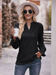 Eyelet Notched Neck Flounce Sleeve Blouse
