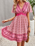 Floral Print Bohemian Style V-Neck Flutter Sleeve Dress