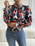 Floral Mock Neck Long Flounce Sleeve Blouse