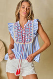 Embroidered Tassel Striped Tie Neck Blouse