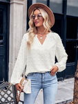 Swiss Dot Notched Neck Long Sleeve Blouse