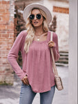 Pleated Detail Curved Hem Long Sleeve Top