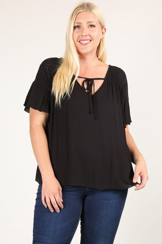 Plus Size Necktie, Pleated Detail and Flutter Sleeve Top