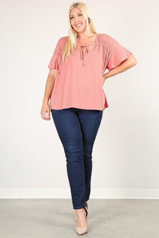 Plus Size Necktie, Pleated Detail, and Flutter Sleeve Top
