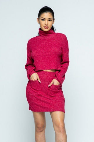Brushed Knit Mock Neck Drop Shoulder Top Mini Skirt Set